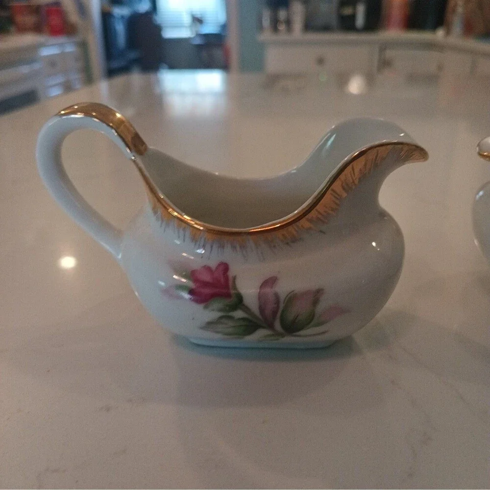 Vintage Lefton China Sugar Bowl & Creamer Hand Painted Gold Trim Tea Rose
